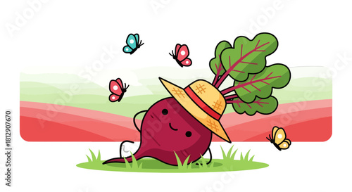 A Cheerful Beetroot Wearing a Straw Hat in a Whimsical Garden Setting