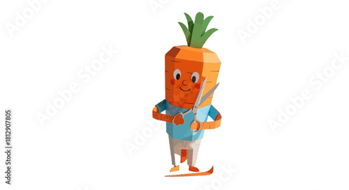 A Cheerful Carrot Person Displayed in A Cartoon Cutout Style Holding Scissors