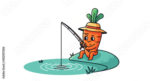 A Cheerful Carrot Enthusiastically Fishing in Tranquil Waters Under a Gleaming Night Sky