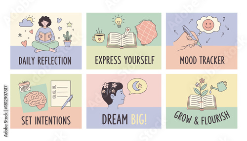 Selfcare and personal development concept illustrations reflection mood tracking and intention setting