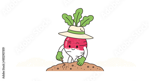 A Cheerful Radish Cartoon Character Gardening and Cultivating the Earthly Realm