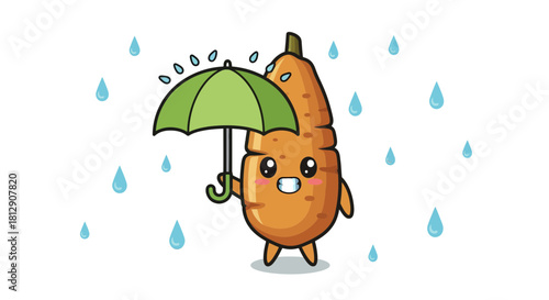 A Cheerful Carrot Personage Protects From Rain Under A Green Umbrella With Style
