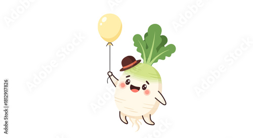 A Cheerful Radish Cartoon Character Holding a Yellow Balloon against Black Background