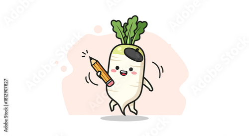 A Cheerful Radish Cartoon Character Holding a Pencil Ready For Creative Actions