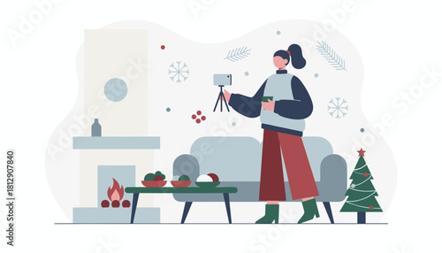 Vlogger records holiday greetings by the cozy fireplace with a Christmas tree