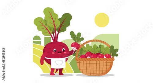 A Cheerful Radish Cartoon Character Presenting a Basket Full of Harvested Fresh Vegetables