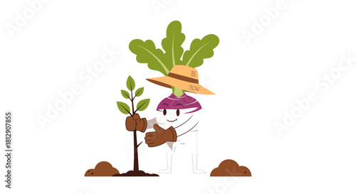 A Cheerful Radish Cartoon Character Wearing A Hat Planting A Sapling in Dark Background