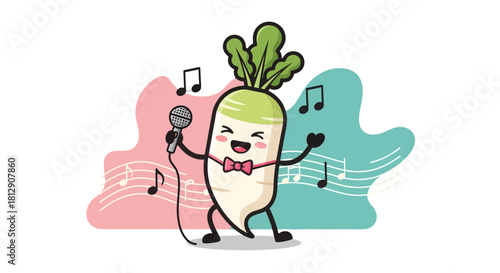 A Cheerful Radish Cartoon Singing a Song with Musical Notes and Artistic Background