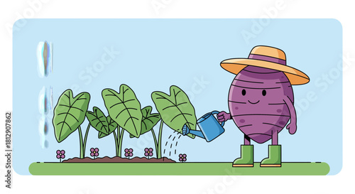 A Cheerful Cartoon Taro Character Watering Plants in a Verdant, Playful Illustration