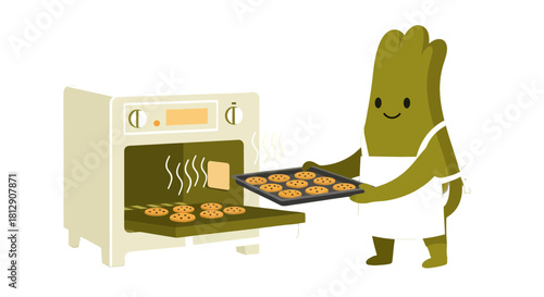 A Cheerful Character Baking Cookies Inside A Stylish Modern Electric Oven.
