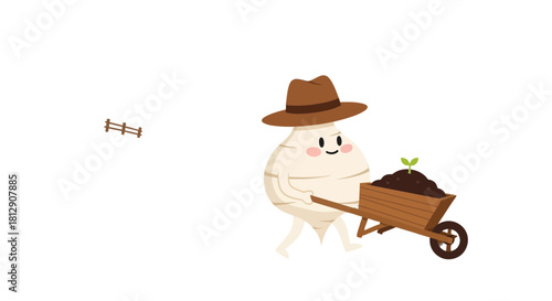 A Cheerful Character Gardening with a Wheelbarrow of Soil in a Sunny Agricultural Scene