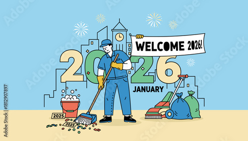 Janitor sweeps away 2025 trash welcoming 2026 Fresh start and cleanup concept