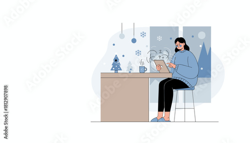 Cozy but sleepy woman uses tablet in a decorated room during winter snow
