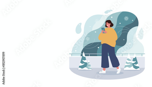Smiling woman texts on smartphone in winter Cold weather lifestyle and communication