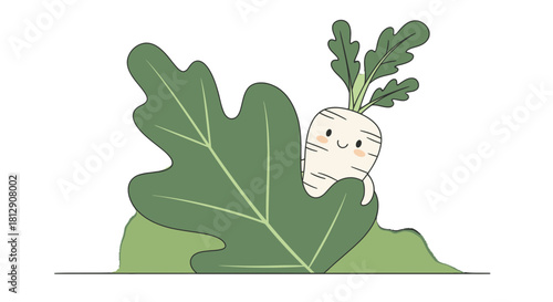 A Cheerful Radish Hiding Behind Vibrant Green Leaves Against a Black Background