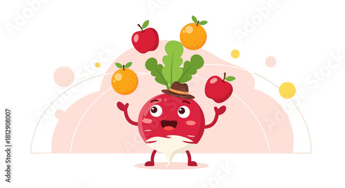 A Cheerful Radish Juggling Fruits in a Whimsical and Playful Illustration