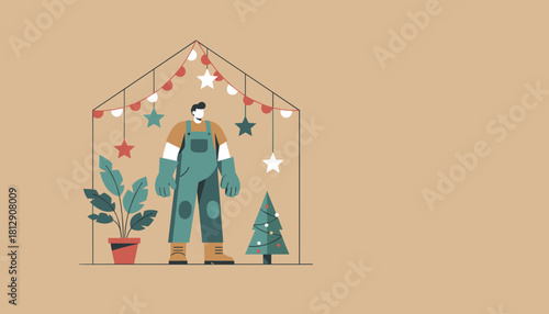 Gardener in a stylized greenhouse decorated with festive holiday lights and plants