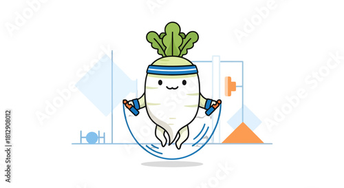 A Cheerful Radish Jumping Rope, Demonstrating Fitness and Healthy Lifestyle on Black Background
