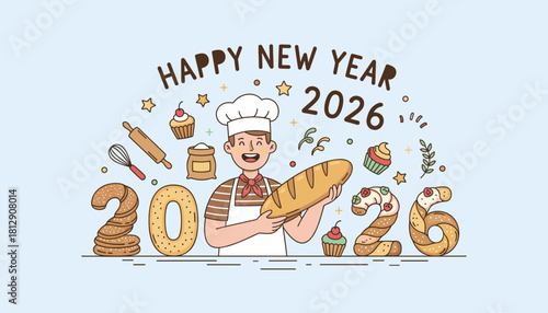Bakery New Year 2026 greeting card Smiling chef with bread cupcakes and pastry numbers