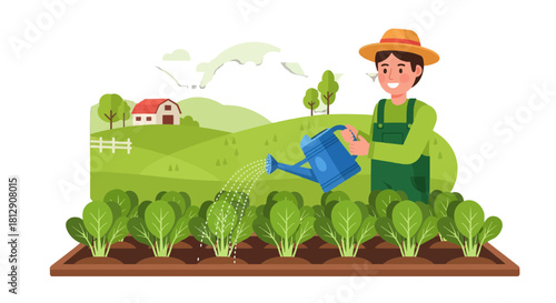 A Cheerful Farmer Watering His Crops In A Lush Green Garden Scene