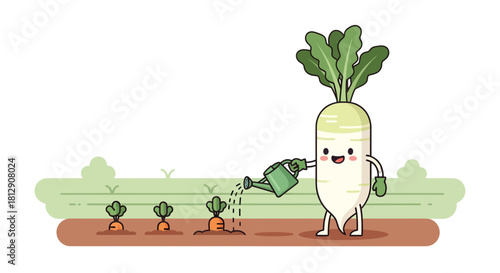 A Cheerful Radish Nurtures Young Carrots In A Delightful Animated Illustration