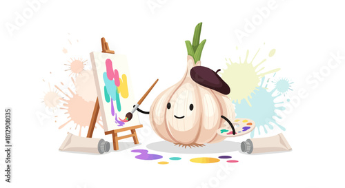 A Cheerful Garlic Artist Creatively Painting With Color Splatter Elements On Black