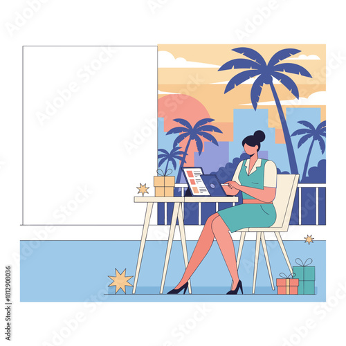 Professional woman working remotely on a tropical balcony at sunset with ample copy space