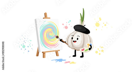 A Cheerful Garlic Artist Paints a Colorful Swirl on a White Canvas with Beret