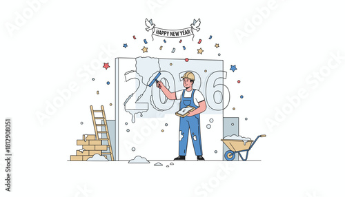 Building 2026 Worker applies plaster to signify new beginnings progress and future construction
