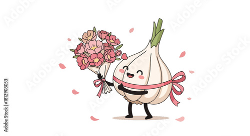 A Cheerful Garlic Bulb Adorably Clutching a Bouquet of Beautiful Pink Flowers