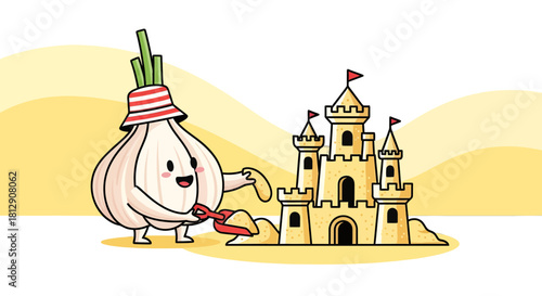 A Cheerful Garlic Bulb Building A Sandcastle On The Beach With A Hat And A Red Shovel