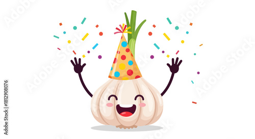 A Cheerful Garlic Bulb Celebrating With A Party Hat And Rainbow Confetti Explosion