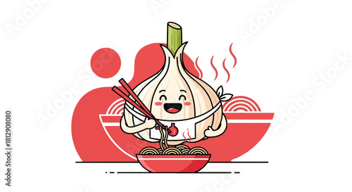A Cheerful Garlic Bulb Character Enjoying Delicious Noodles in A Red Bowl on Black Background