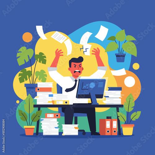 Angry businessman overwhelmed by excessive paperwork and deadlines experiencing job burnout