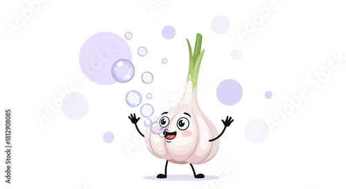 A Cheerful Garlic Bulb Character Blowing Bubbles On A Black Background