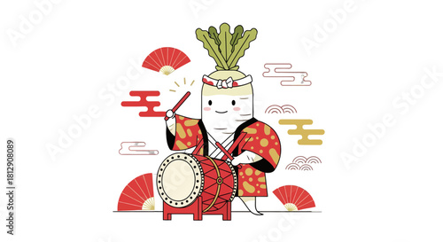 A Cheerful Radish Plays the Drum in a Traditional Japanese Costume, Colorful Style