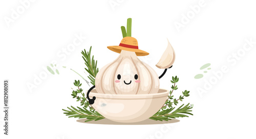 A Cheerful Garlic Bulb Character With A Pleasant Smile And Natural Greenery Around
