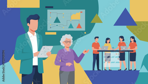 Multigenerational business team collaboration data analysis and strategy presentation illustration