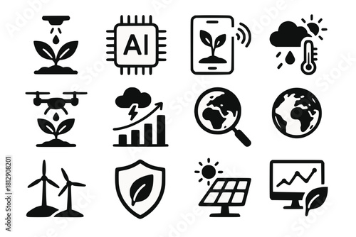 AI Agriculture and Environment Icons with Smart Irrigation, Crop Monitoring, Climate Prediction and Eco Analytics in Black Vector Style on White Background