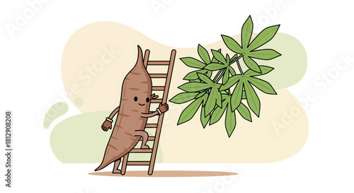 A Cheerful Root Vegetable Ascending a Ladder Towards Lush Green Leaves and Growth