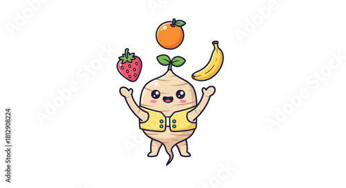 A Cheerful Root Vegetable Cartoon Perfectly Juggling Delicious Fruits on a Black Backdrop