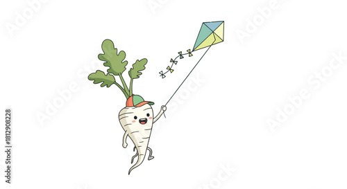 A Cheerful Root Vegetable Character Flies a Colorful Kite Against a Black Backdrop