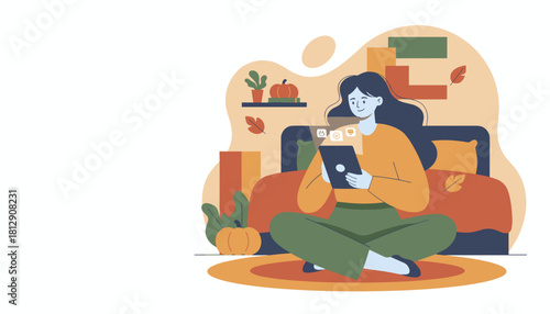 Cozy fall scene woman using tablet in bed managing social media and tasks