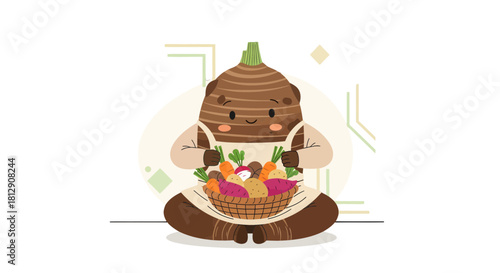 A Cheerful Root Vegetable Character Holding a Basket of Delicious Freshly Grown Vegetables