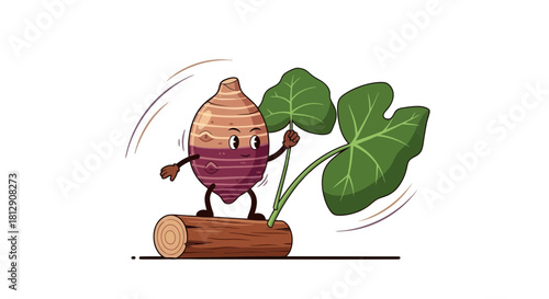 A Cheerful Root Vegetable Dancing On A Log With Green Leaves, Black Background