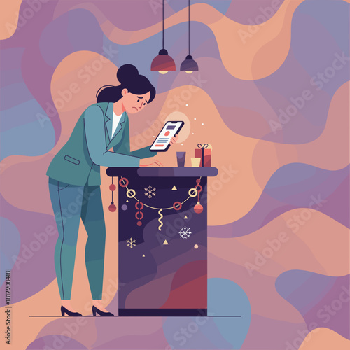 Isolated businesswoman checking bad news on her phone at a lonely holiday party