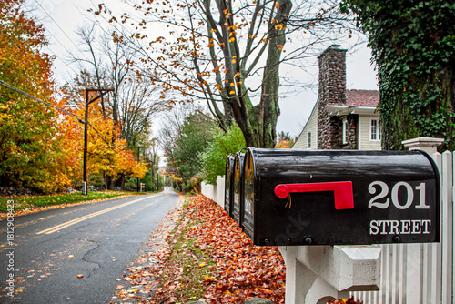Colorful autumn leaves and mailboxes on a Connecticut street