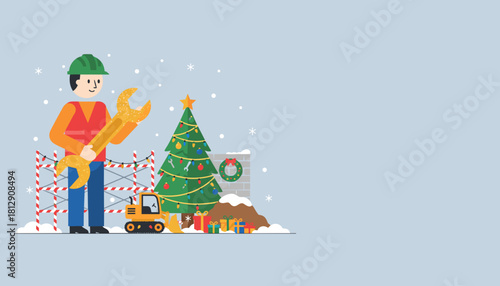 Construction worker holding a giant wrench near a decorated Christmas tree and machinery during snowy weather