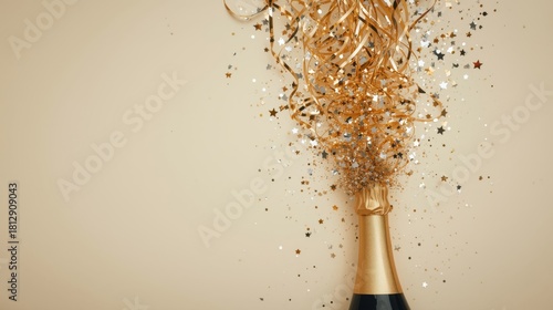 A champagne bottle with golden streamers and glitter bursting out, on a cream background.