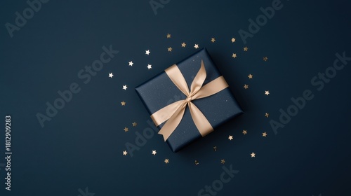 A dark gift box with a gold ribbon, surrounded by golden confetti on a dark background.